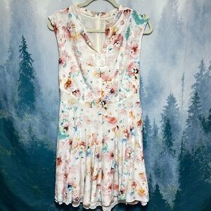 Rebecca Taylor Dress Womens 4 Silk White Floral Pleated Flowy Lined V Neck Zip